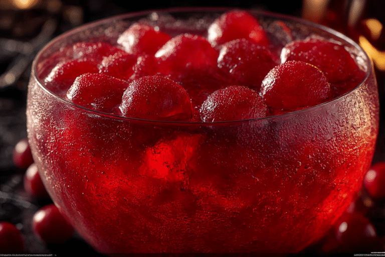 Halloween Vampire’s Kiss Strawberry Punch with floating grape “eyeballs” and gummy fangs