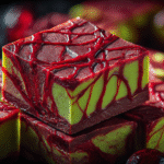 Green zombie fudge with red raspberry jam veins for Halloween dessert