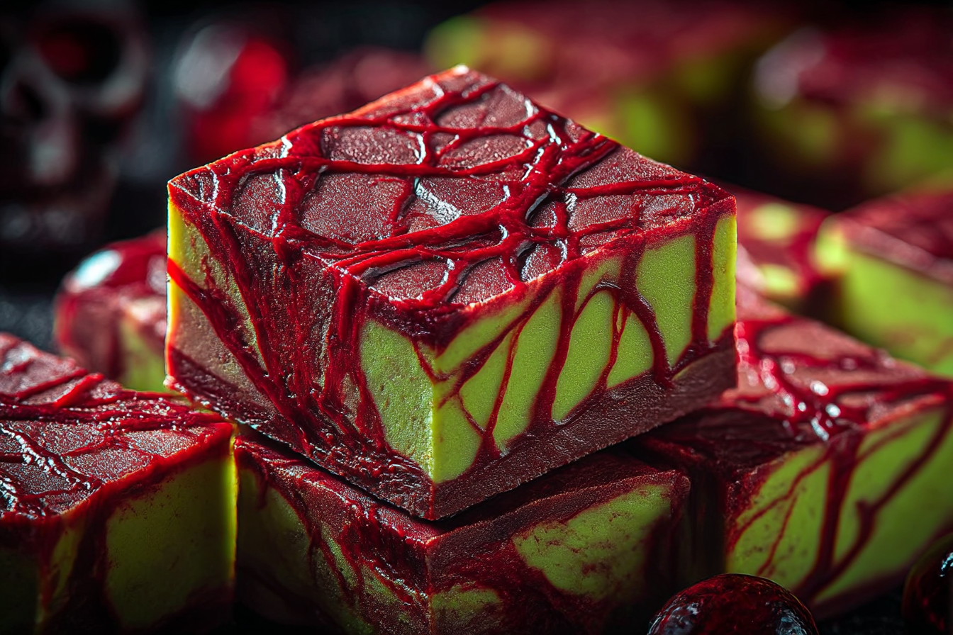 Green zombie fudge with red raspberry jam veins for Halloween dessert
