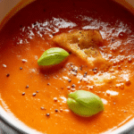 Creamy homemade tomato soup in a bowl with basil and grilled cheese on the side