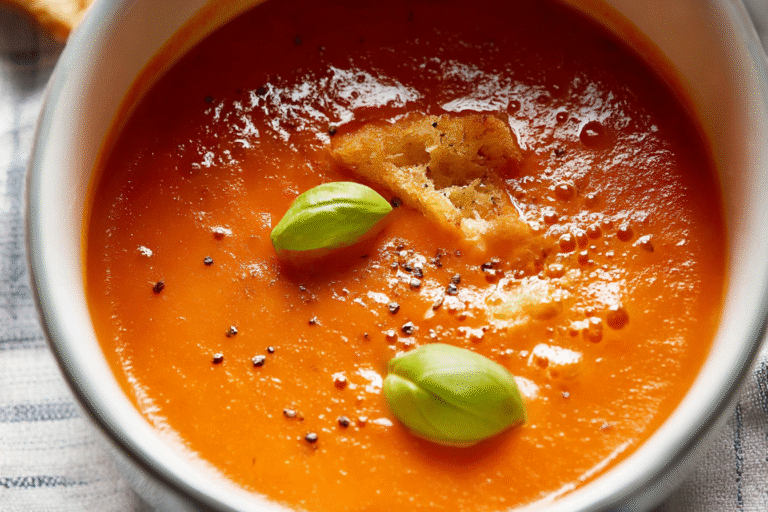 Creamy homemade tomato soup in a bowl with basil and grilled cheese on the side