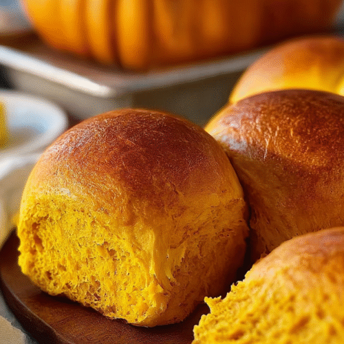 Soft pumpkin dinner rolls with a golden brown crust brushed with butter