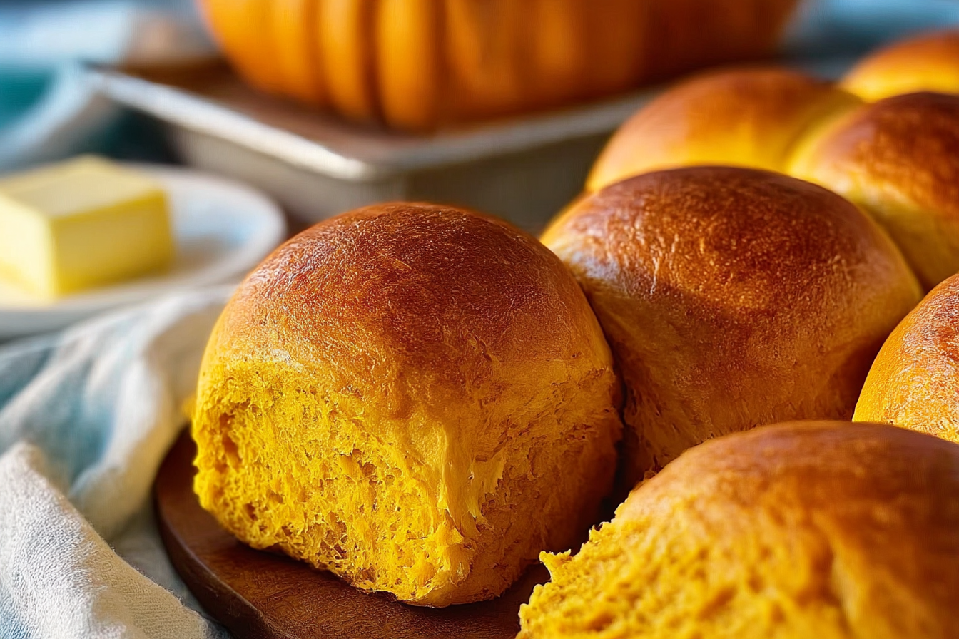 Soft pumpkin dinner rolls with a golden brown crust brushed with butter