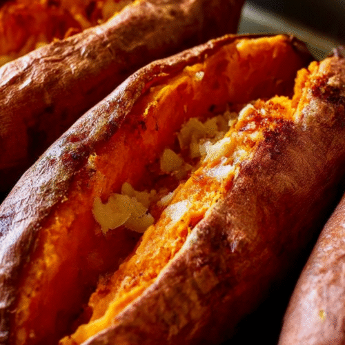 Baked sweet potatoes on a baking tray with crispy skin and fluffy orange interior