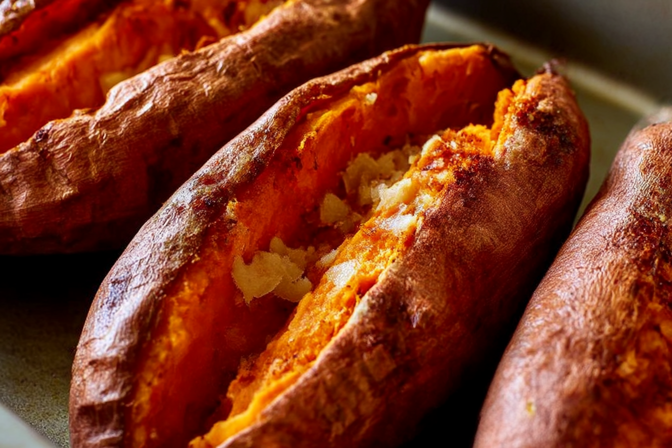 Baked sweet potatoes on a baking tray with crispy skin and fluffy orange interior