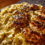 Creamy garlic butter chicken with bowtie pasta in a skillet topped with Parmesan cheese