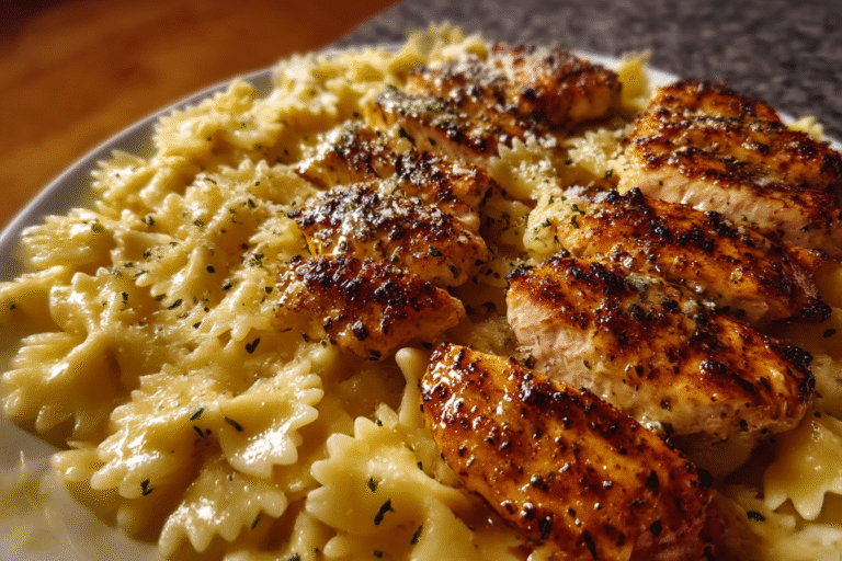 Creamy garlic butter chicken with bowtie pasta in a skillet topped with Parmesan cheese
