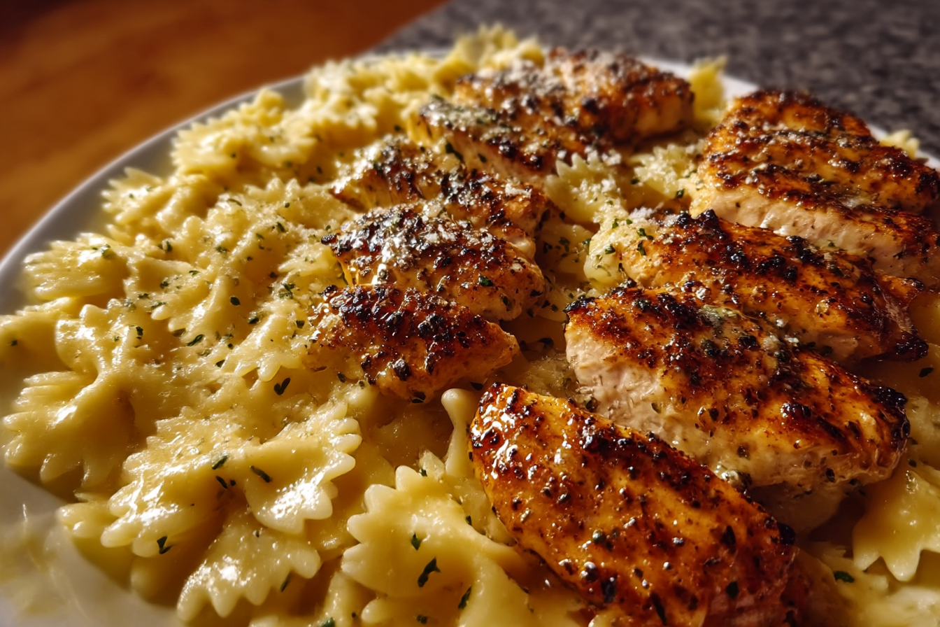 Creamy garlic butter chicken with bowtie pasta in a skillet topped with Parmesan cheese