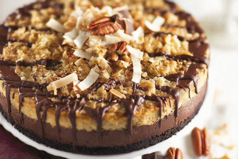 Decadent German Chocolate Cheesecake with Coconut-Pecan Topping